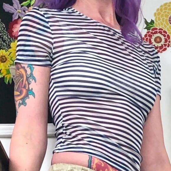 Vintage Navy & White Stripe Mesh Baby Tee, 1990s Calvin Klein Cropped T-Shirt S - Picture 6 of 13